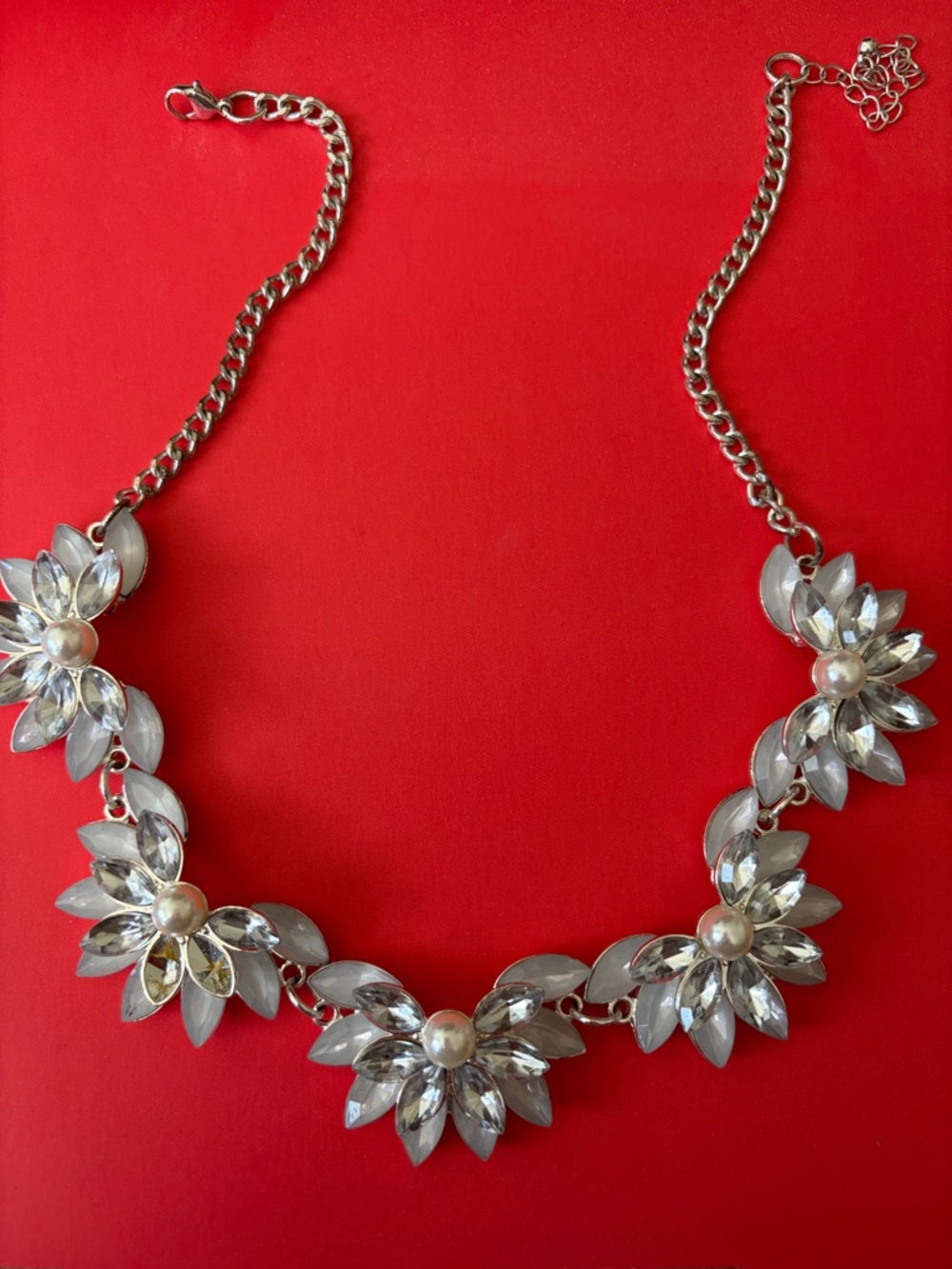 Silver Floral Crystal Statement Necklace with Pearls